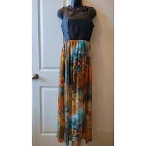 Sans Souci Sleeveless Black Faux Leather Top Floral Bottom Maxi Dress size Small